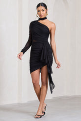 Black Ruched One-Sleeved Mini Dress With Ruffle